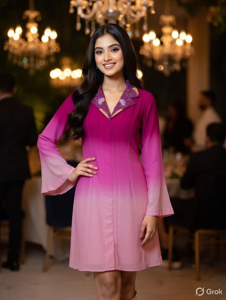 Pink Ombre Collar Embroidered Dress